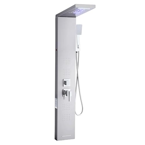 VEVOR Duschpaneel-Turmsystem (5 Modi) mit Regenwasserfall-Duschkopf & LED, (1345 mm) Duschsäule aus gebürstetem Edelstahl, Regenmassagesystem zur Wandmontage, mit Handbrause & 4 Körperbrausen von VEVOR
