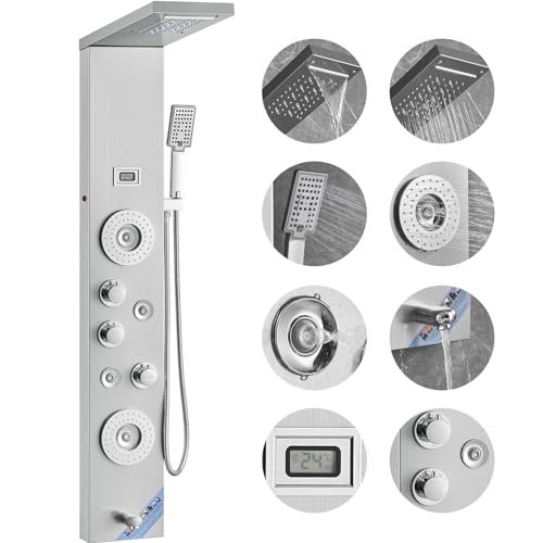 VEVOR Duschpaneelsystem, 6 Duschmodi, LED- und Display-Duschpaneelturm, Regenfall, Wasserfall, 4 Körpermassagedüsen, Wannenauslauf, Handbrause, 59-Zoll-Schlauch, Wandmontiertes Duschset von VEVOR