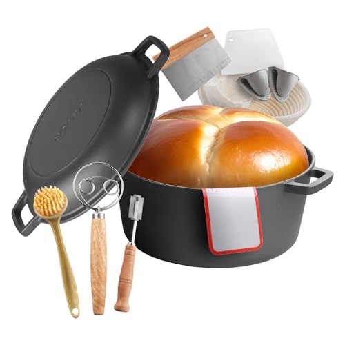 VEVOR Dutch Oven aus Gusseisen, 2 in 1 Schmortopf mit Bratpfannendeckel, 4,73 L robustes Kochgeschirr mit Gärkorb & Brotbackzubehör, Brotbackofen-kompatibel 260 ℃ Brottopf von VEVOR