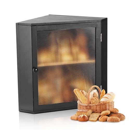 VEVOR Eck-Brotkasten doppellagiger Brotbehälter Brotbox Organizer aus Holz für selbstgebackenes Brot, Aufbewahrungsbehälter mit gewellter Acryl-Türplatte, Brotaufbewahrung Lagerung Schwarz von VEVOR