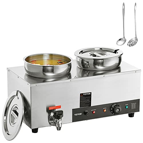 VEVOR Edelstahl Buffetwärmer Speisewärmer 1200 W, 2 x 8,1 L Buffetbehälter, φ180 x φ240 x 220 mm Jeder Suppentopf, inkl. Deckel & Ablaufhahn & Trockenbrennanzeige, für Kantine, Café, Restaurant usw. von VEVOR