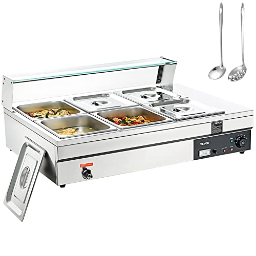 VEVOR Edelstahl Buffetwärmer Speisewärmer 1500 W, 6 x 13,2 L Buffetbehälter, 265 x 325 x 150 mm Jede Heizplatte Verwendbar, inkl. Glasdeckel & Ablaufhahn & Trockenbrennanzeige, für Kantine, Café usw. von VEVOR