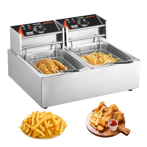 VEVOR Elektrische Edelstahl Fritteuse 24 L, Doppelter Tank Fritteuse Maschine 1500 W + 1500 W, inkl. 2 Frittierkörbe, 2 Abdeckungen, Kommerzielle Fritteuse für Restaurants, Cafés, Imbissstuben von VEVOR