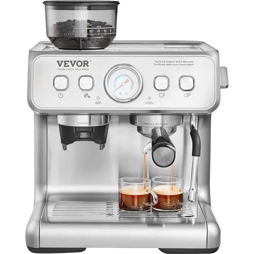 VEVOR Espressomaschine mit Mahlwerk, 15 Bar Halbautomatische Espressomaschine mit Milchaufschäumer, Dampfdüse, Abnehmbarem Wassertank und Druckmesser für Cappuccino, Latte, Machiato von VEVOR