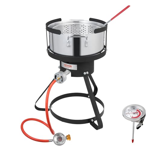 VEVOR Fisch Fritteuse Flügelfritteuse 9,35 L Propan-Fischfritteusen-Set aus Aluminium, Meeresfrüchte-Topf Outdoor mit Thermometer, Siebkorb und 54.000 BTU Propanbrennern, zum Kochen im Freien von VEVOR