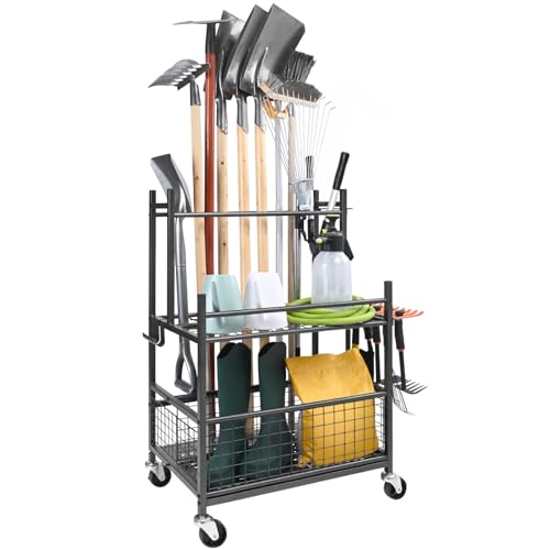 VEVOR Gartengeräte Ständer 652 x 403 x 990 mm Gerätehalter Organizer Kohlenstoffstahl Mehrzweck Gartengeräteaufbewahrungsregal 16 Schlitzen 18 Haken Gartenwerkzeug Halter Besenhalter von VEVOR