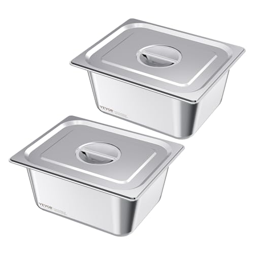 VEVOR Gastronormbehälter Hotelpfanne (1/2-Größe) 2 Stk. 9 L, wiederverwendbare Behälter (148 mm tief), rostfreie Catering-Aufbewahrung, Panierschale Speisebehälter mit Deckel für Party Buffet von VEVOR