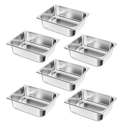 VEVOR Gastronormbehälter Hotelpfanne (1/2-Größe) 6 Stk. 6 L, wiederverwendbare Behälter (98 mm tief), rostfreie Catering-Aufbewahrung, Panierschale Speisebehälter für Party Restaurant Buffet von VEVOR