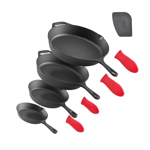VEVOR Gusseisenpfanne Bratpfannen-Set (150/205 / 260/305 mm), Hochleistungs-Bratpfannen mit hitzebeständigem Griff, Kochpfanne, Küchenkochgeschirr, geeignet für Backofen Gas Elektro Schwarz von VEVOR