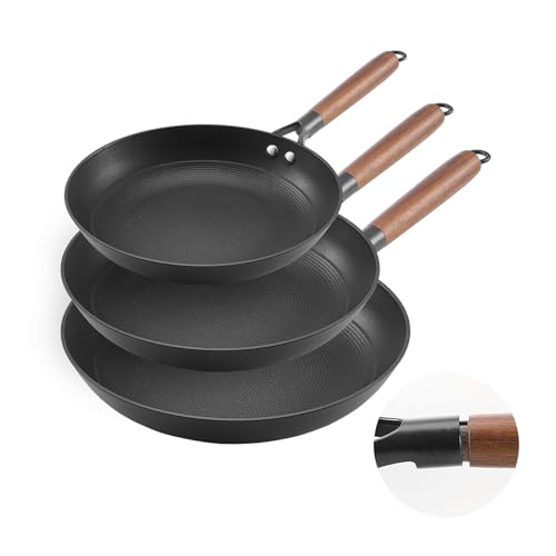 VEVOR Gusseisenpfanne Bratpfannen-Set (205/265 / 310 mm), Hochleistungs-Bratpfannen mit abnehmbarem Holzgriff, Kochpfanne, Küchenkochgeschirr, geeignet für Gas Elektro Schwarz von VEVOR