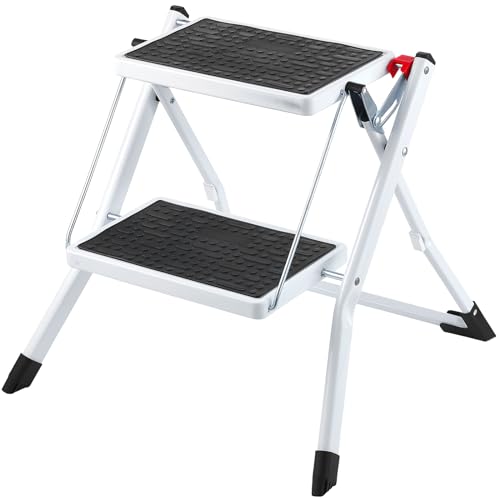 VEVOR Haushaltsleiter 500x480x450mm Trittleiter faltbar aus Stahl Stehleiter 2 Stufe Stufenleiter 150kg Tragfähigkeit Klapptritt Doppelstufenleiter 445mm hoch Küchenleiter Rutschfest Tritthocker von VEVOR