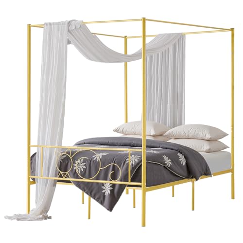 VEVOR Himmelbettrahmen (Full Size), Metallhimmelbett mit minimalistischem Kopfteil & Himmelbett-Design, robuste Stahllattenstütze (rund), Stauraum unter dem Bett, kein Boxspring erforderlich, Gold von VEVOR