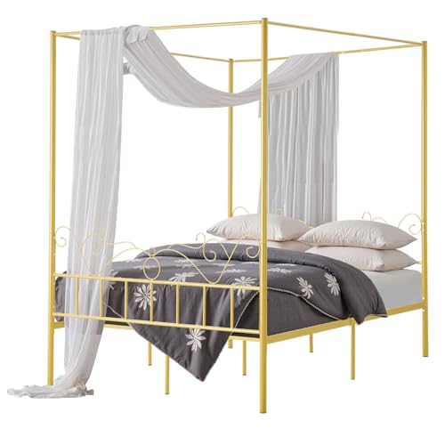 VEVOR Himmelbettrahmen (Queen Size), Metallhimmelbett mit minimalistischem Kopfteil & Himmelbett-Design, robuste Stahllattenstütze (rund), Stauraum unter dem Bett, kein Boxspring erforderlich, Gold von VEVOR