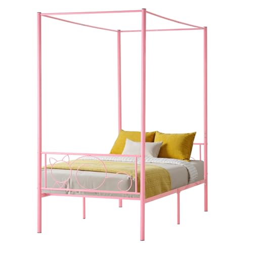 VEVOR Himmelbettrahmen (Twin Size), Metallhimmelbett mit minimalistischem Kopfteil & Himmelbett-Design, robuste Stahllattenstütze (rund), Stauraum unter dem Bett, kein Boxspring erforderlich, Rosa von VEVOR