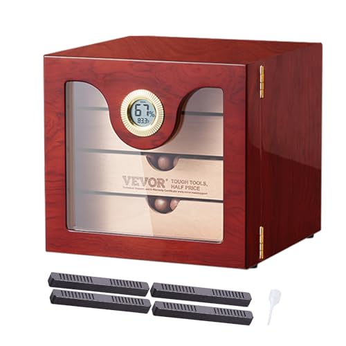 VEVOR Humidor-Schrank für Zigarren, Handgefertigter Humidor aus Spanischem Zedernholz für 50–100 Zigarren, Glas-Zigarren-Aufbewahrungsbox für den Schreibtisch mit Digitalem Luftbefeuchter von VEVOR