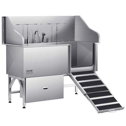 VEVOR Hundewaschstation aus Edelstahl, 1550x790x1470 mm Hundepflegewanne mit Rampe, Wasserfilterplatte, Wasserhahn, Duschkopf, Leine, für große, mittelgroße & kleine Haustiere (rechte Tür) von VEVOR
