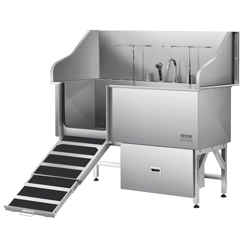 VEVOR Hundewaschstation aus Edelstahl, 1550x790x1470 mm Tierpflegewanne mit Rampe, Wasserfilterplatte, Wasserhahn, Duschkopf, Leine, für große, mittelgroße & kleine Haustiere (Linke Tür) von VEVOR