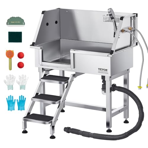 VEVOR Hundewaschstation aus Edelstahl, 870x488x1025 mm Tierpflegewanne mit Ablagetreppe, Wasserhahn, Duschkopf & Seifenhalter, Hundebadewanne, für mittelgroße & kleine Haustiere (Linke Tür) von VEVOR