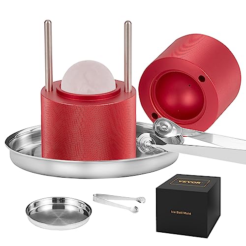 VEVOR Ice Ball Maker Eiskugelpresse Satz 60 mm, Eiswürfelform Eiskugelform mit Eiszange & Tropfschale, Alu Rote Strapazierfähige Eiswürfelformen Eiswürfelbehälter Whisky Americano, Saft & Milch von VEVOR