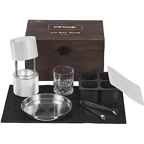 VEVOR Ice Ball Maker Eiskugelpresse Satz 60 mm, Eiswürfelform Eiskugelform mit Tropfschale & Eiszange & Glas, Strapazierfähige Eiswürfelformen Eiswürfelbehälter Silber Whisky, Americano von VEVOR