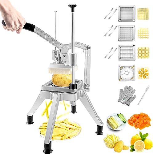 VEVOR Kartoffelschneider Pommes Frites Schneider 1/2 + 3/8 + 1/4 Zoll, Frittenschneider Gemüseschneider Kommerzieller Zerkleinerer Obstschneidemaschine mit 6 Ersatzklingen, Edelstahl Zerhacker von VEVOR