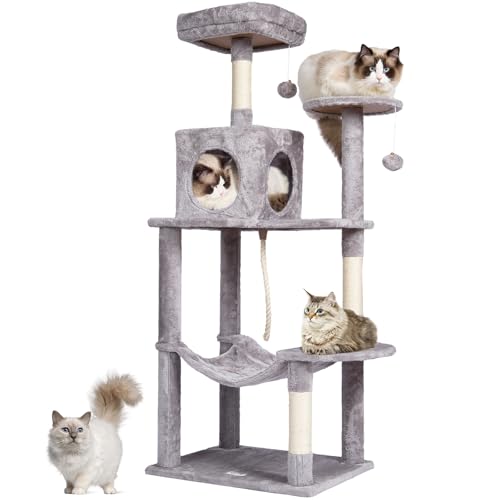 VEVOR Katzen Kratzbaum, 143 cm Katzenbaum mit Katzenhaus, Sisal-Kratzbaum, Hängematte, Sitzstange Oben, Sprungplattformen, großes Katzenhaus mit Hängeball, Kletterbaum Aktivitätskratzbäum, hellgrau VEVOR Katzen Kratzbaum, 143 cm Katzenbaum mit Katzenhaus, Sisal-Kratzbaum, Hängematte, Sitzstange Oben, Sprungplattformen, großes Katzenhaus mit Hängeball, Kletterbaum Aktivitätskratzbäum, hellgrau von VEVOR