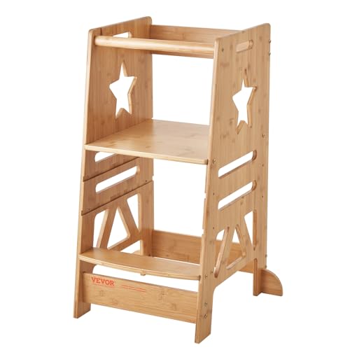 VEVOR Kinderhocker max. Belastung 158 kg Lernleiter aus Bambus, Höhe verstellbar in 3 Stufen, Trittleiter Turm Sitzerhöhung 844 x 553 x 482 mm für Kinderzimmer Küche Bad Wohnzimmer Kinder von VEVOR