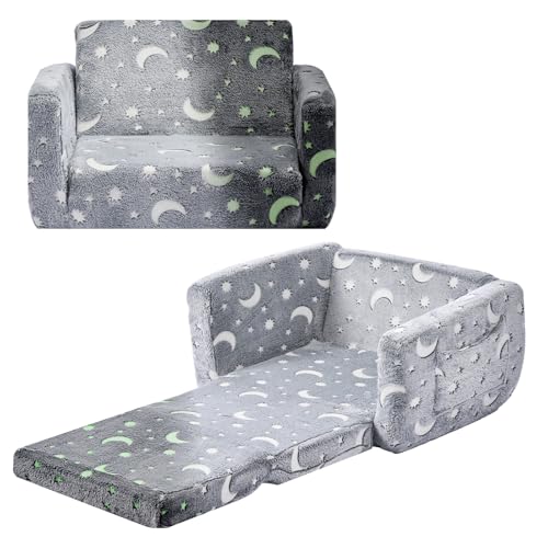 VEVOR Kindersofa Kindersessel aus 28D-Schwamm & Flanellstoff mit Armlehnen, waschbares Kindersofa im Dunkeln leuchtendes Kindercouch umwandelbares Schlafsofa für Spielzimmer Wohnzimmer Grau von VEVOR