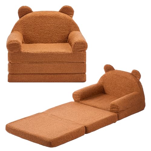 VEVOR Kindersofa Kindersessel aus 28D-Schwamm & Teddyplüschstoff mit Armlehnen, 2 in 1 Kindersofa Kindercouch umwandelbares Schlafsofa zum Lesen oder Spielen Braun M (Maß) Spielzimmer Wohnzimmer von VEVOR