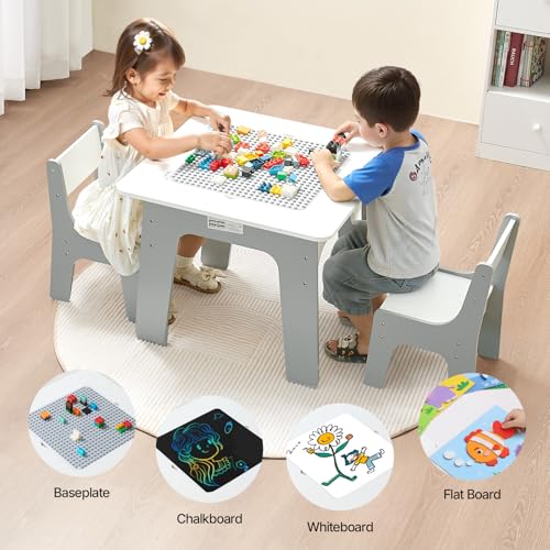 VEVOR Kindertisch 597x597x495 mm, 4-in-1-Aktivitätstisch & 2 Stühle, doppelseitige Tischplatte mit Graffiti & Bausteinen, Spieltisch mit Stauraum, Geschenk für Kinder ab 3 Jahren, weiß von VEVOR