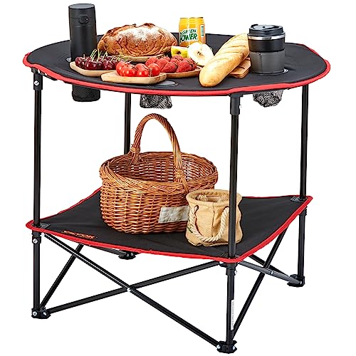 VEVOR Klapptisch Campingtisch 720x720x610 mm, Zusammenklappbarer Gartentisch 2-lagiger Balkontisch Mehrzwecktisch mit 4 Getränkehaltern 25 kg Belastbar Camping Tisch Falttisch Tragbar Oxford-Stoff von VEVOR