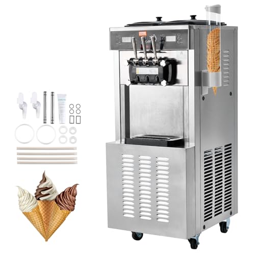 VEVOR Kommerzielle Eismaschine, 34–44 L/h Leistung, 1850 W, Freistehende Softeismaschine mit 3 Geschmacksrichtungen, 2 x 9 L Edelstahlbehälter, LED-Panel Einzelzylindernutzung & Kühlung über Nacht von VEVOR