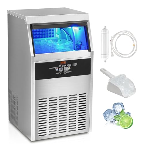 VEVOR Kommerzieller Eiswürfelbereiter Eismaschine 53 kg / 24 h, Leichte Würfeleismaschine 15 kg Eisspeicherkapazität 60 Stk. Eiswürfel, Edelstahl Eiswürfelbereiter inkl. Wasserfilter & Eisschaufel von VEVOR