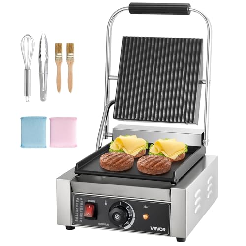 VEVOR Kommerzieller Kontaktgrill 1800 W Elektrogrill Sandwichmaker Panini Presse aus Edelstahl mit Griff & Temperaturregelung, 22 x 23 cm flache Emailleplatte (Einzel), für Hamburger Steak Speck von VEVOR