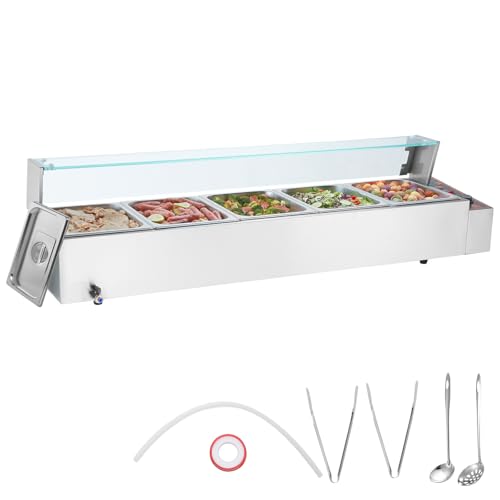 VEVOR Kommerzieller Speisenwärmer mit 5 x 8 Qt Behältern, elektrischer Dampftisch mit Glasabdeckung, 1700 W Arbeitsplatte aus Edelstahl, Buffet-Bain-Marie, 30–85 °C Temperaturregelung für Gastronomie von VEVOR