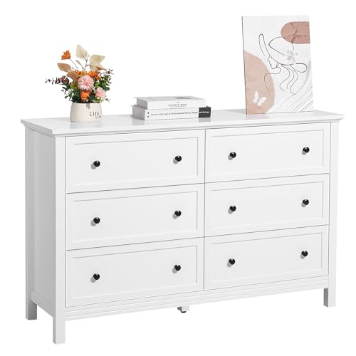 VEVOR Kommode mit 6 Schubladen, Holzkommode mit Schiebe- und Kippschutz, minimalistischer Retro-Schubladenschrank TV-Ständer, Organizer für Wohnzimmer Schlafzimmer Eingangsbereich (weiß) von VEVOR