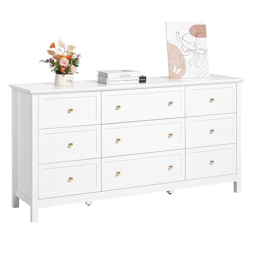 VEVOR Kommode mit 9 Schubladen, Holzkommode mit Schiebe- und Kippschutz, minimalistischer Retro-Schubladenschrank TV-Ständer, Organizer für Wohnzimmer Schlafzimmer Eingangsbereich (weiß) von VEVOR