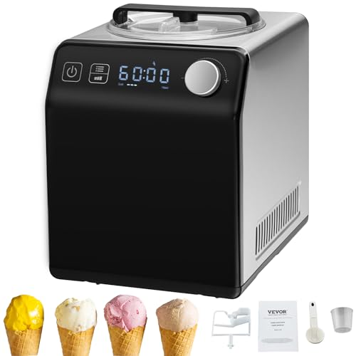 VEVOR Kompressor Eismaschine Eiscrememaschine 2 L, 180 W Frozen Joghurtbereiter Speiseeismaschine 3 Modi Joghurtmaschine Haushalt, Tragbare Eismaschine Sorbet Gelato Geräuscharm Schwarz Elektrisch von VEVOR