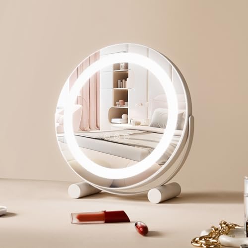 VEVOR Kosmetikspiegel mit Beleuchtung φ310mm, Kosmetikspiegel, 3 Farbbeleuchtungsmodi, mit 5-facher Vergrößerung, Smart-Touch-Steuerung, 360°-Drehung, Schminkspiegel für den Schlafzimmertisch (weiß) von VEVOR