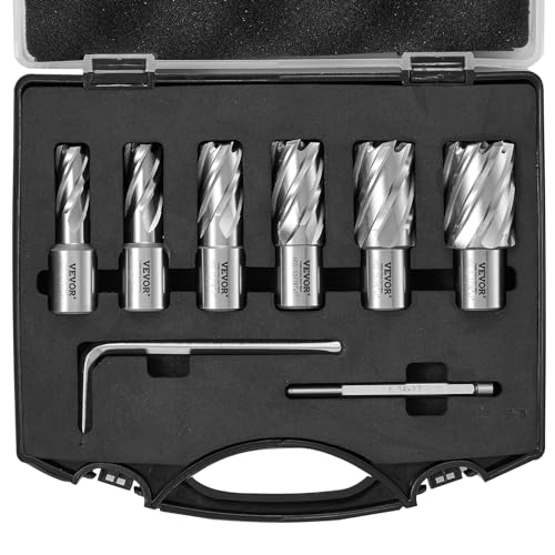 VEVOR Kronenbohrer-Set Metall 6 tlg. 1/2, 9/16, 11/16, 13/16, 15/16, 1-1/16 Zoll Kernbohrer-Satz 25,4 mm Schnitttiefe Ringschneider-Set, aus M2AL-Schnellarbeitsstahl Zubehör für Magnetbohrmaschinen von VEVOR