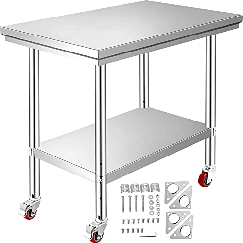 VEVOR Arbeitstisch Küche 76 x 60 x 86 cm Edelstahl Catering Küchentisch Belastbarkeit 130 kg, 4 verstellbare Füße Lebensmittel Zubereitungstisch mit Nachlauf Gewerbliche für Küche Bar von VEVOR