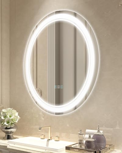 VEVOR LED-Badezimmerspiegel runder Kosmetikspiegel (60 cm) mit Front- und Hintergrundbeleuchtung, beschlagfreier Memory-Spiegel stufenlos dimmbarer Badezimmerspiegel mit 3 Farbtemperaturen Wandmontage von VEVOR