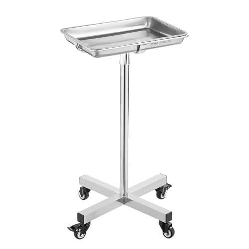VEVOR Laborwagen Servierwagen Edelstahl mit abnehmbaren Tabletts aus Edelstahl Tragkraft bis 16 kg, einstellbare Höhe 64-101cm, medizinisches Tablett für Spa Salon Klinik Körperpflege Silber von VEVOR