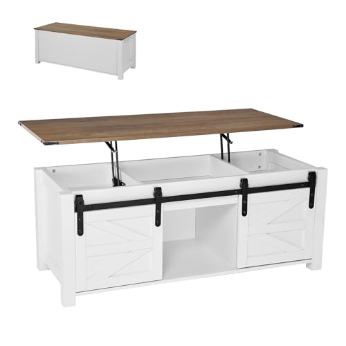 VEVOR Lift Top Couchtisch 120 cm, rustikaler Kaffeetisch mit Scheunentor & verstecktem Staufach, Moderne rechteckige Hubtischplatte für Wohnzimmer Büro Zuhause, Wohnzimmertisch Sofatisch weiß von VEVOR