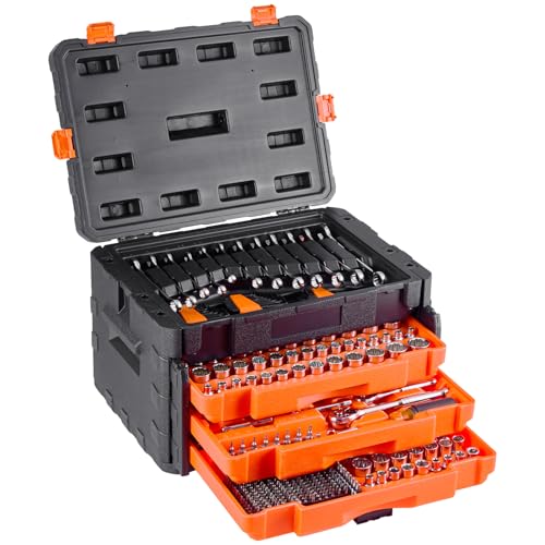 VEVOR Mechaniker-Werkzeugsatz Steckschlüsselsatz (450-tlg.) 6,4/9,5/12,7-mm-Antrieb, tiefe und Standard-Stecknüsse, SAE-metrisches Mechaniker-Werkzeugset mit Schraubenschlüsseln & Koffer von VEVOR
