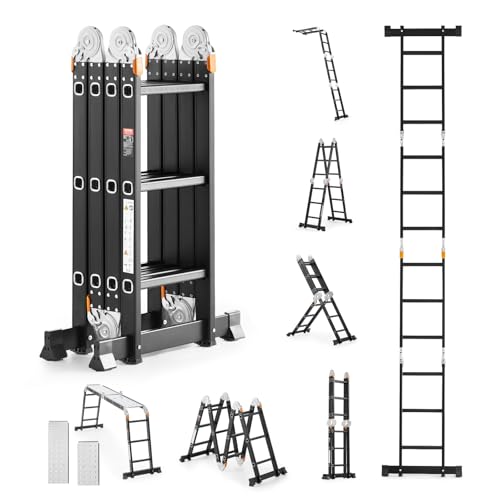 VEVOR Mehrzweckleiter, 7-in-1-Multifunktionsleiter, A-Rahmen mit 3 Stufen und Gerüstbrett, Teleskopleiter, Leitergerüst 3550 mm, robuste Leiter, 150 kg Tragkraft, für den Außenbereich zu Hause von VEVOR