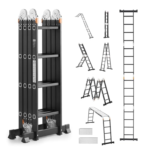 VEVOR Mehrzweckleiter, 7-in-1-Multifunktionsleiter, A-Rahmen mit 4 Stufen und Gerüstbrett, Teleskopleiter, Leitergerüst 4650 mm, strapazierfähig, 150 kg Tragkraft, für den Außenbereich von VEVOR