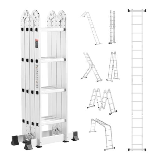 VEVOR Mehrzweckleiter, 7-in-1-Multifunktionsleiter, Teleskopleiter mit A-Rahmen und 4 Stufen, Leitergerüst 4600 mm, verstellbare Hochleistungsleiter, 150 kg Tragkraft für den Außenbereich zu Hause von VEVOR