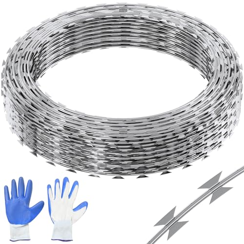 VEVOR Natodraht 45 m (3 Rollen x 15 m) Stacheldraht Doppelspirale Sperrdraht Stacheldrahtzaun (0,51 mm) scharfe Klingen und (ca. 4 mm) dicke Kerndrähte Maschendraht für außergewöhnlichen Spiralschutz von VEVOR