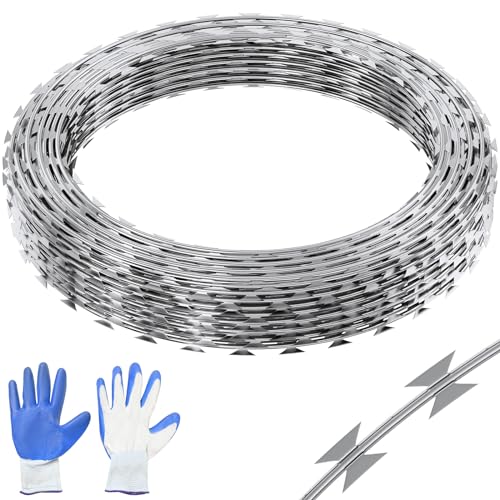 VEVOR Natodraht 75 m (5 Rollen x 15 m) Stacheldraht Spirale Sperrdraht Stacheldrahtzaun (0,51 mm) scharfe Klingen und (ca. 4 mm) dicke Kerndrähte Maschendraht für außergewöhnlichen Spiralschutz von VEVOR